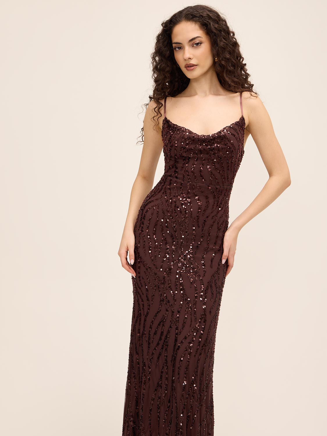 Coco Powder Sequin Mesh Gown with Animal Pattern - Woman Wearing Elegant Evening Dress - Le Chateau