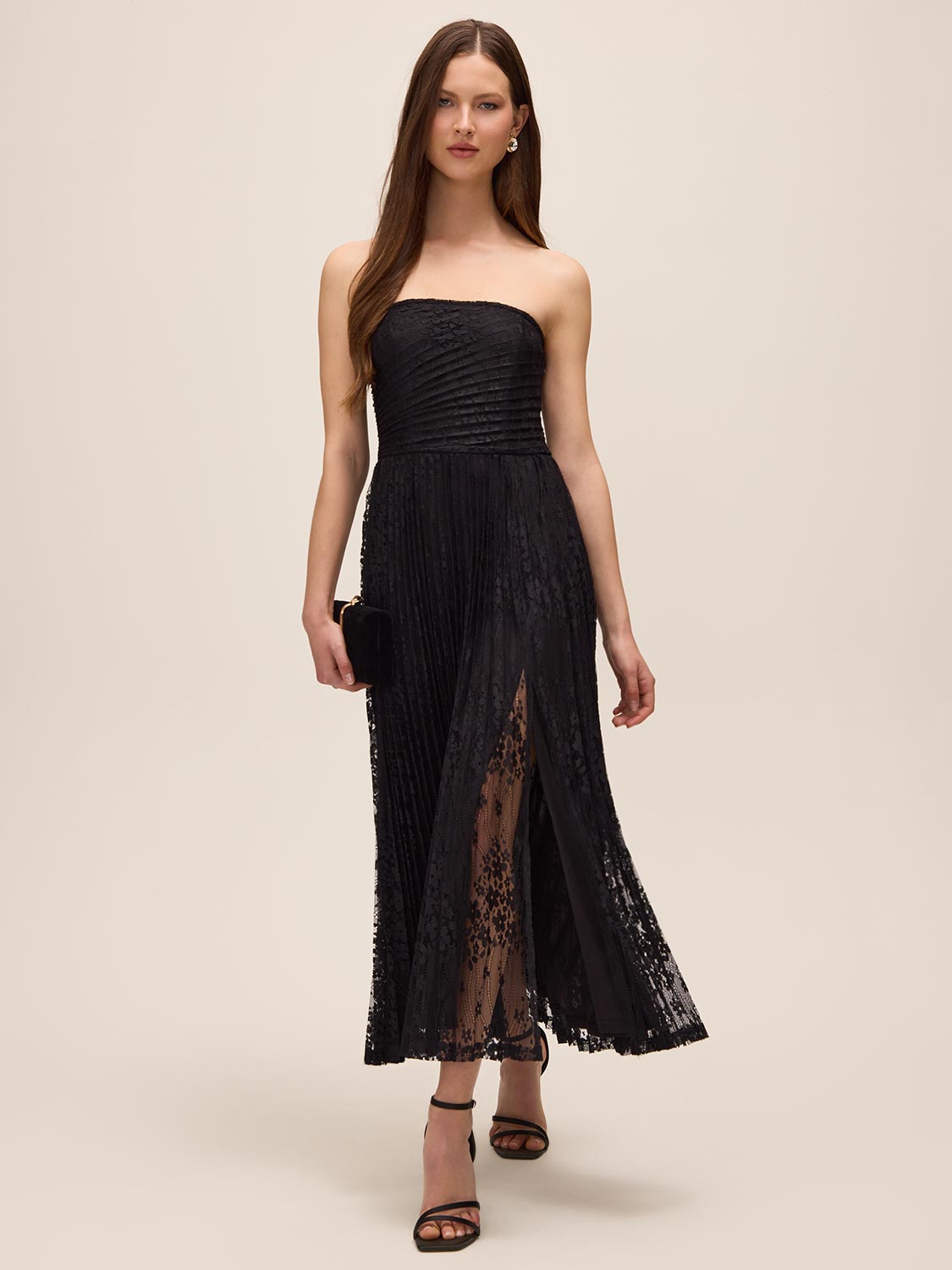 Black Strapless Lace Midi Dress with Pleated Skirt - Woman Wearing Elegant Evening Dress - Le Chateau