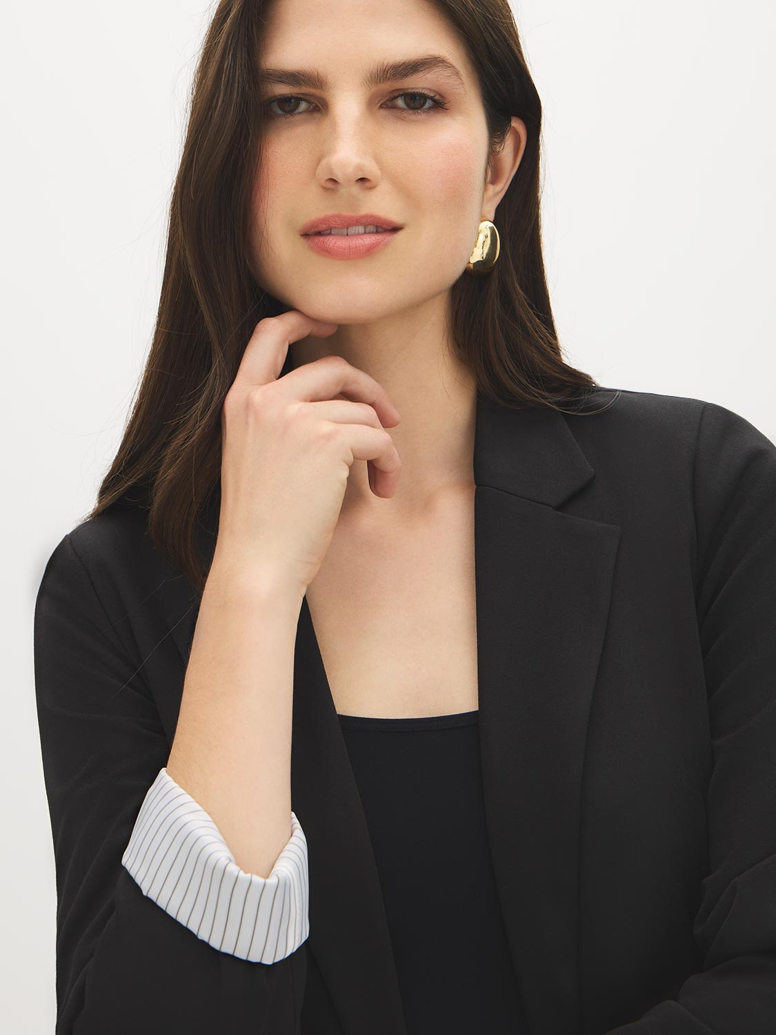 Black Notch Collar Knit Blazer with Stripe Cuff - Woman Wearing Tailored Blazer with Flap Pockets - Suzy Shier