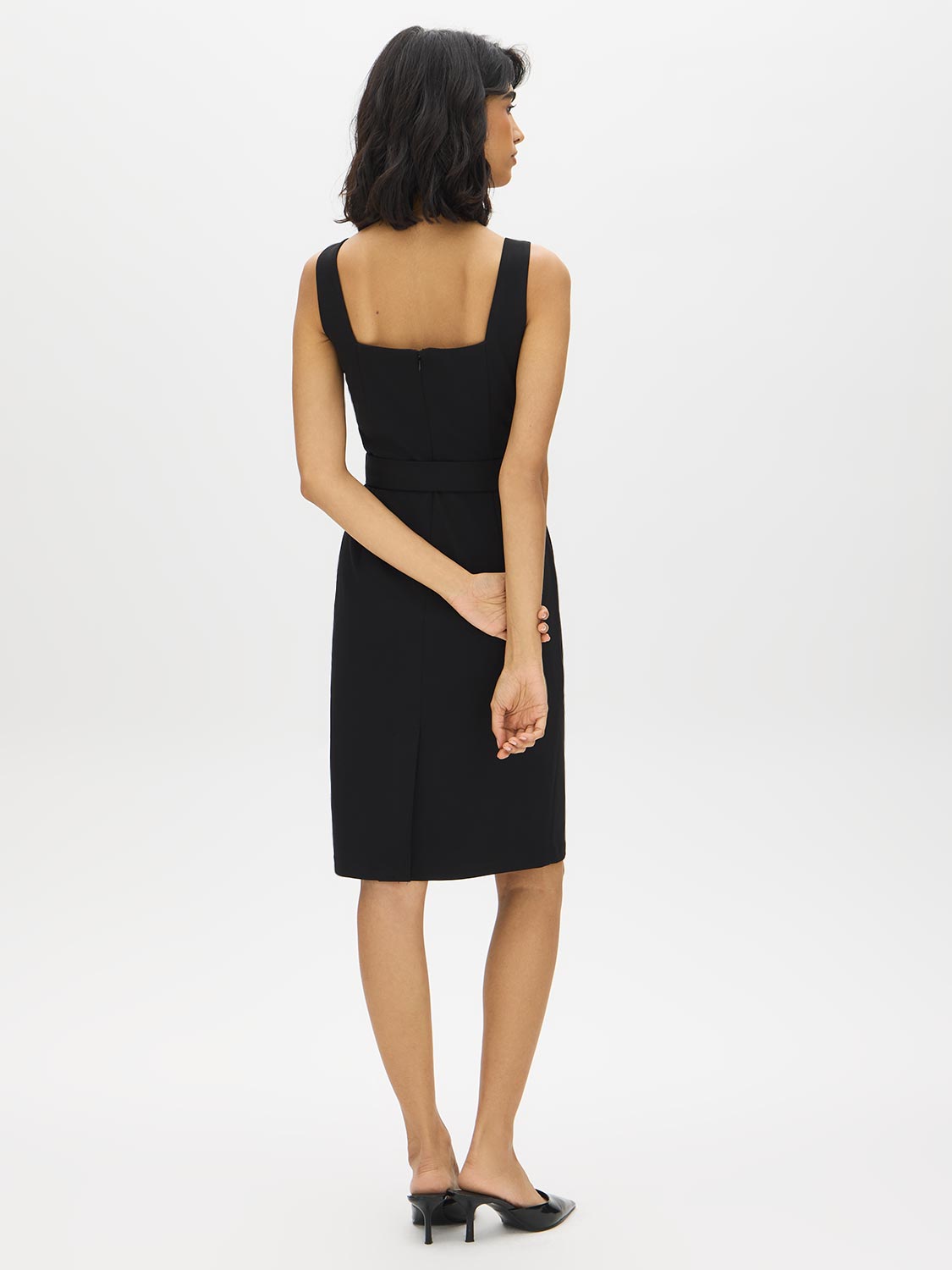 Black Belted Knit Dress with Button Detail - Back View - Suzy Shier
