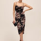 Mocha/Bordeaux Floral Midi Cocktail Dress with Cowl Neck - Woman Wearing Wrap Skirt Dress - Le Chateau