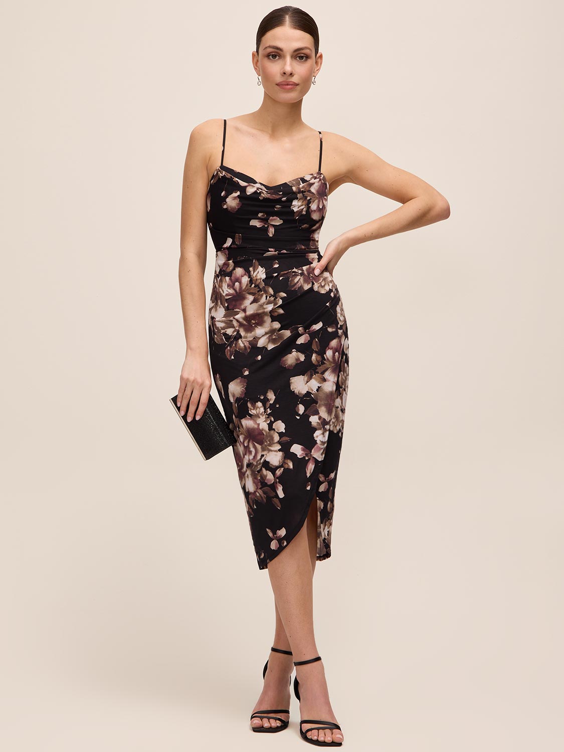 Mocha/Bordeaux Floral Midi Cocktail Dress with Cowl Neck - Woman Wearing Wrap Skirt Dress - Le Chateau