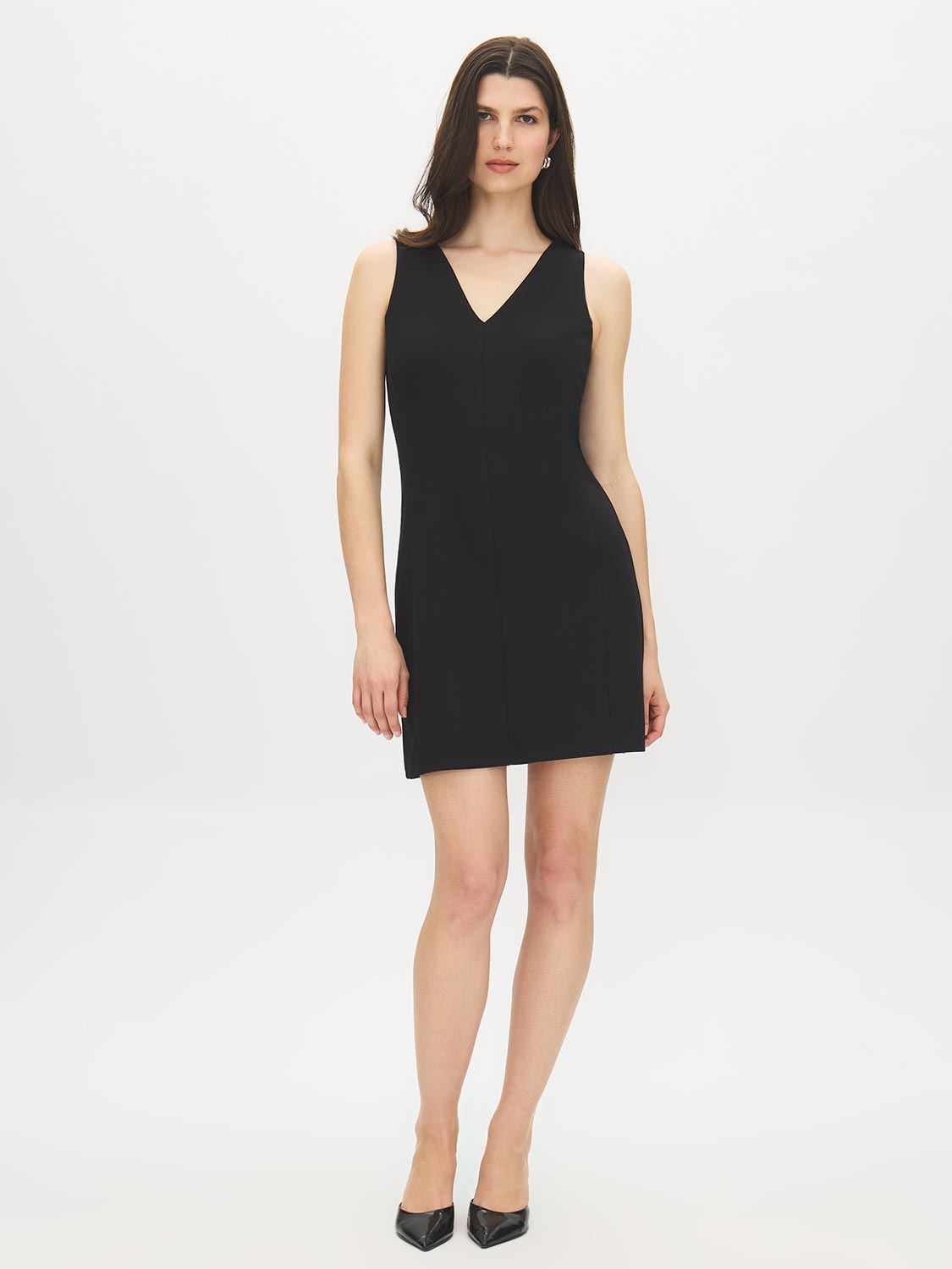 Black V-Neck Sleeveless Knit Dress - Woman Wearing Fitted A-Line Dress - Suzy Shier