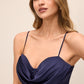 Dark Sapphire Satin Fit & Flare Dress - Close-up Neckline Detail - Le Chateau