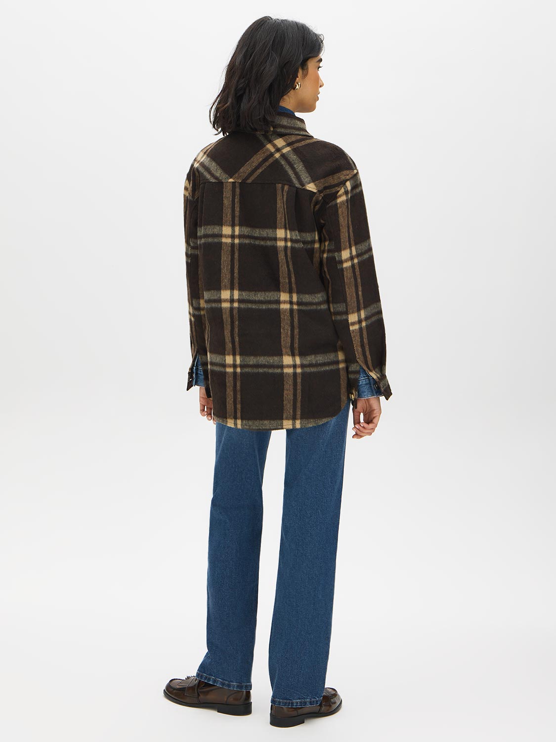 Khaki Plaid Shacket with Front Pockets - Back View - Suzy Shier