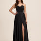 Black Satin Bustier Gown with Leg Opening - Woman Wearing Formal Evening Dress - Le Chateau
