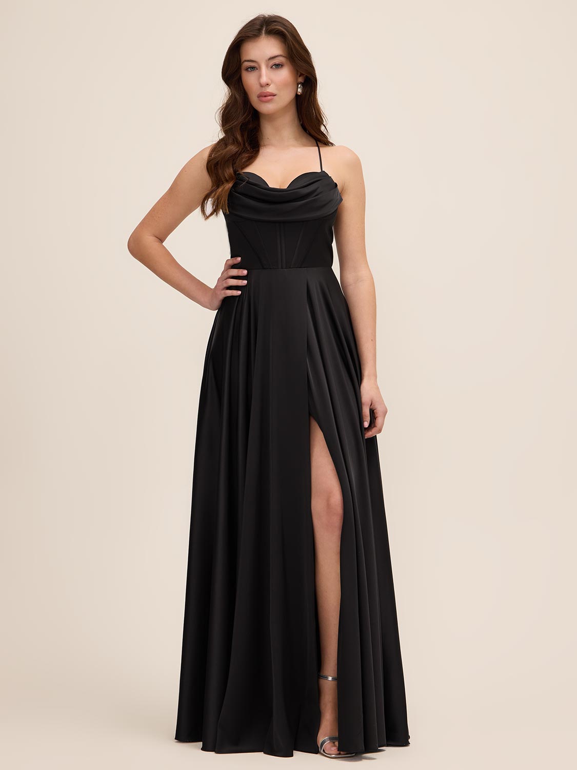 Black Satin Bustier Gown with Leg Opening - Woman Wearing Formal Evening Dress - Le Chateau