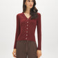 Syrah V-Neck Ribbed Cardigan - Woman Wearing Button Front Long Sleeve Sweater - Suzy Shier