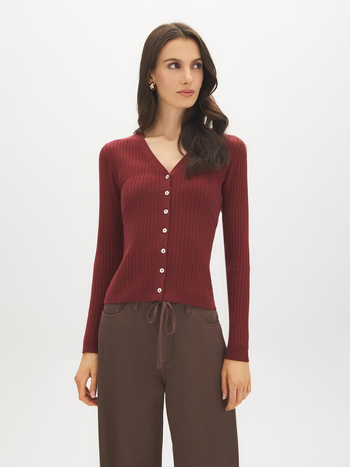 Syrah V-Neck Ribbed Cardigan - Woman Wearing Button Front Long Sleeve Sweater - Suzy Shier