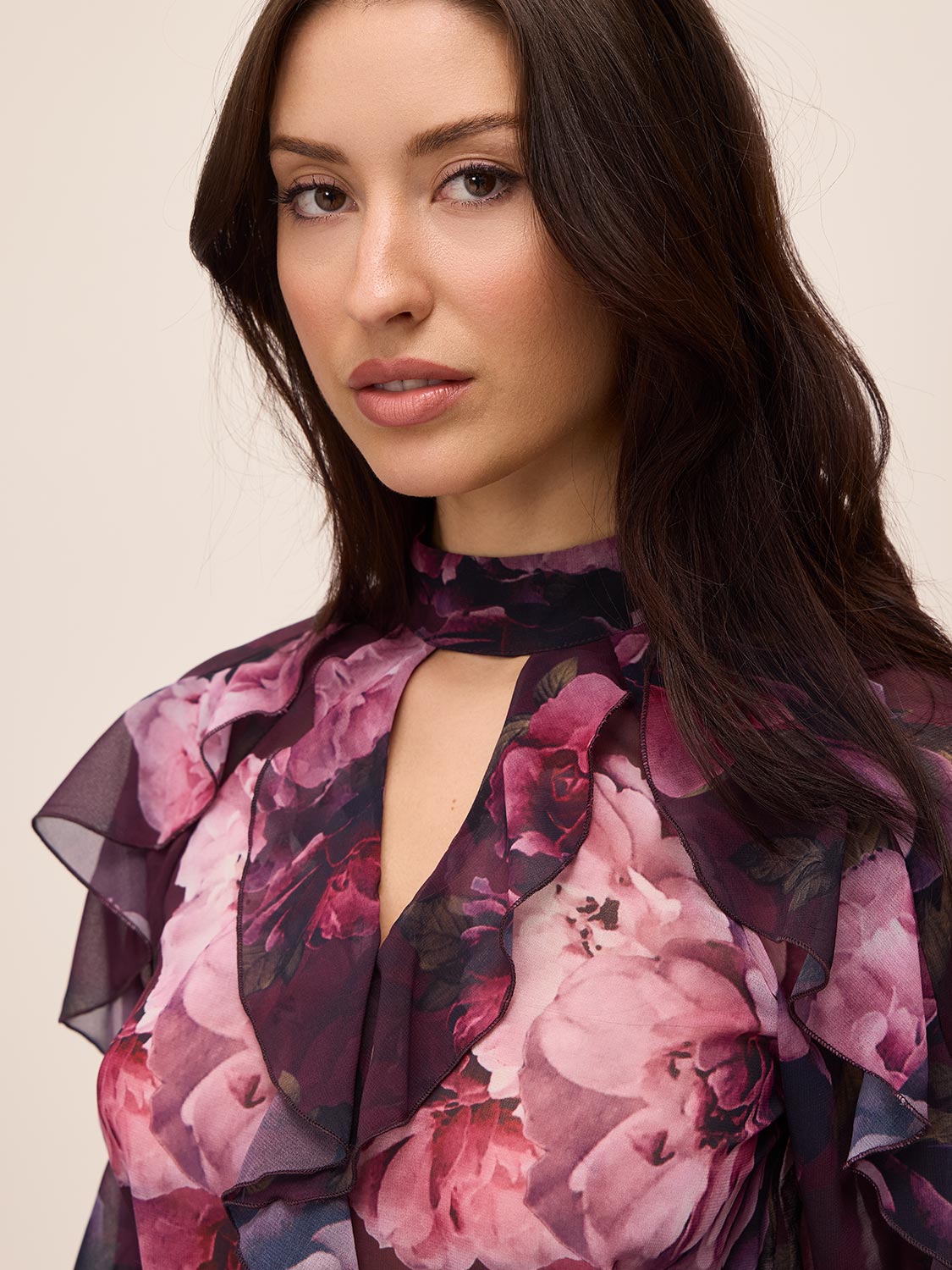 Eggplant Floral Keyhole Ruffle Blouse - Close-up Fabric Detail - Le Chateau