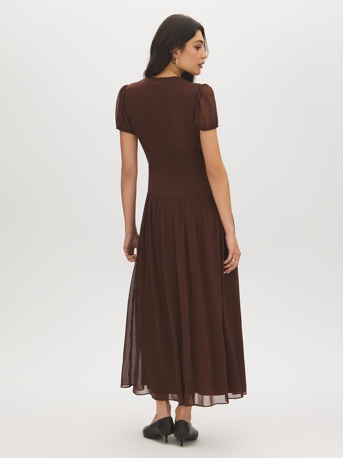 Milk Chocolate Textured Chiffon Midi Dress - Back View - Suzy Shier