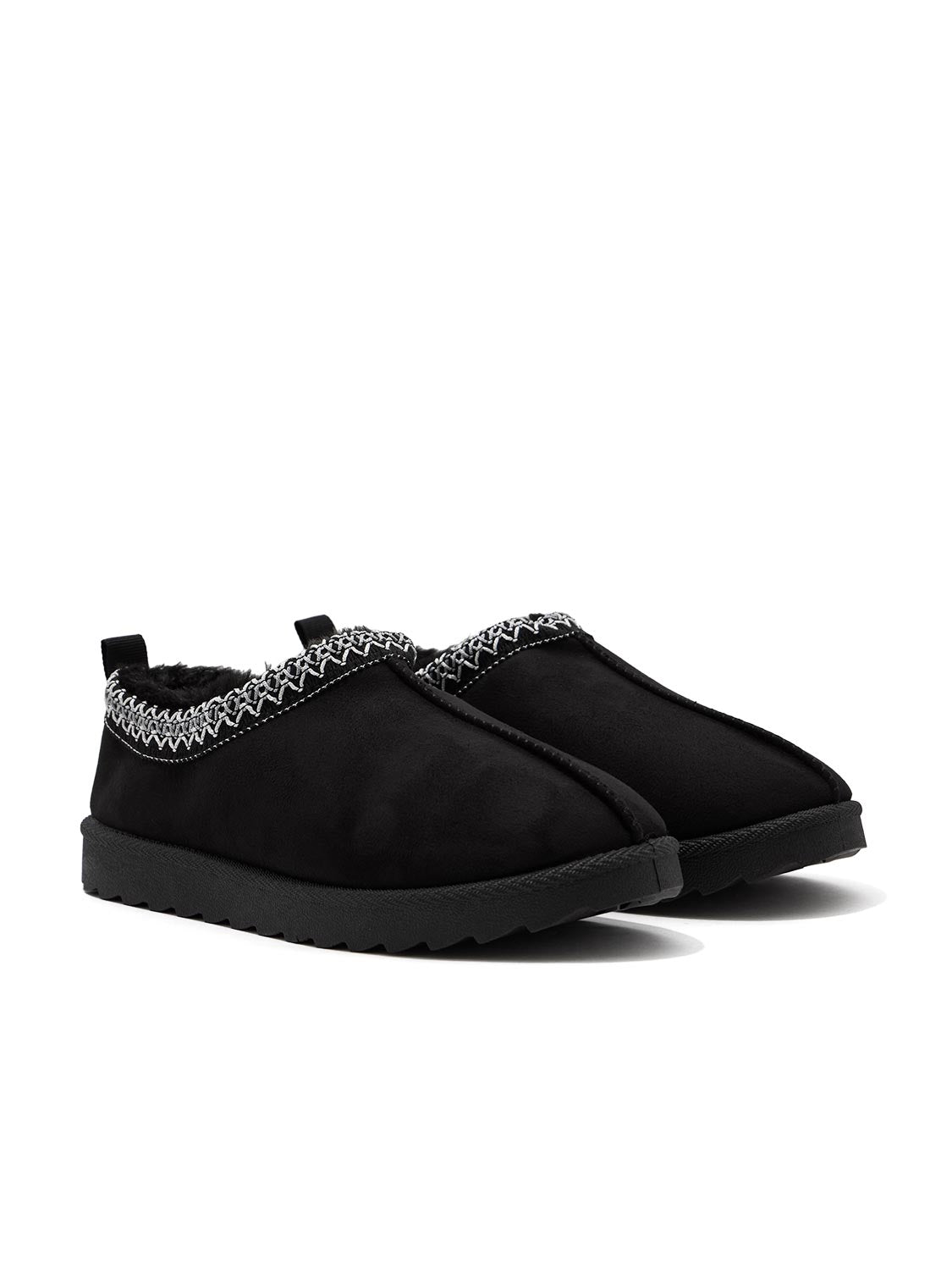 Black Microfiber Clog with Faux Fur Lining - Front Angled View - Suzy Shier