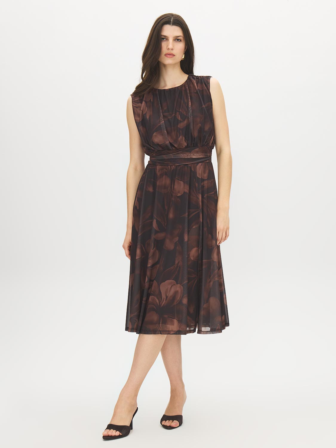 Floral Print Mesh Dress with Cummerbund Waist - Woman Wearing Sleeveless Midi Dress - Suzy Shier