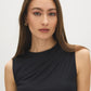 Jet Black Sleeveless Crew Neck Shell Top with Side Pleats - Suzy Shier