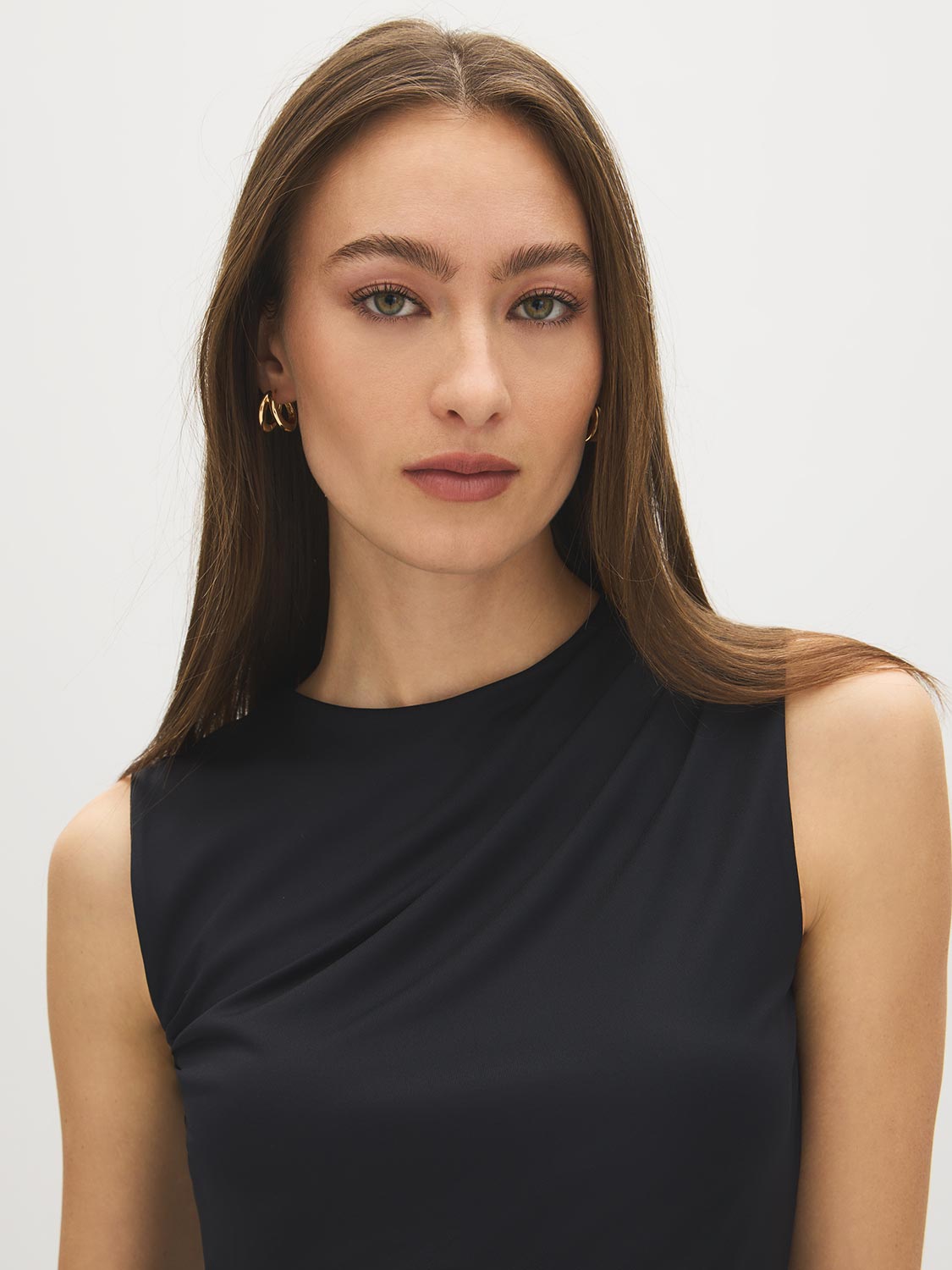 Jet Black Sleeveless Crew Neck Shell Top with Side Pleats - Suzy Shier