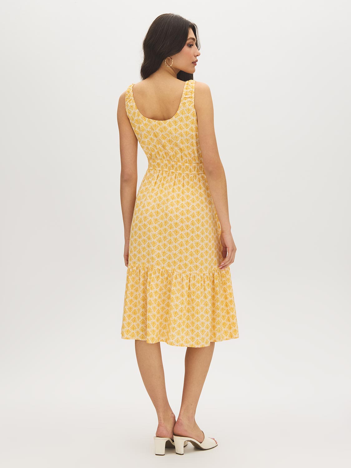 Snow White/Yolk Yellow Print Elastic Strap Scoop Neck Dress - Woman Wearing Soft Fabric Dress - Suzy Shier
