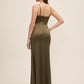 Khaki Satin V-Neck Gown with Side Pleats - Woman Wearing Evening Dress with Side Slit - Le Chateau