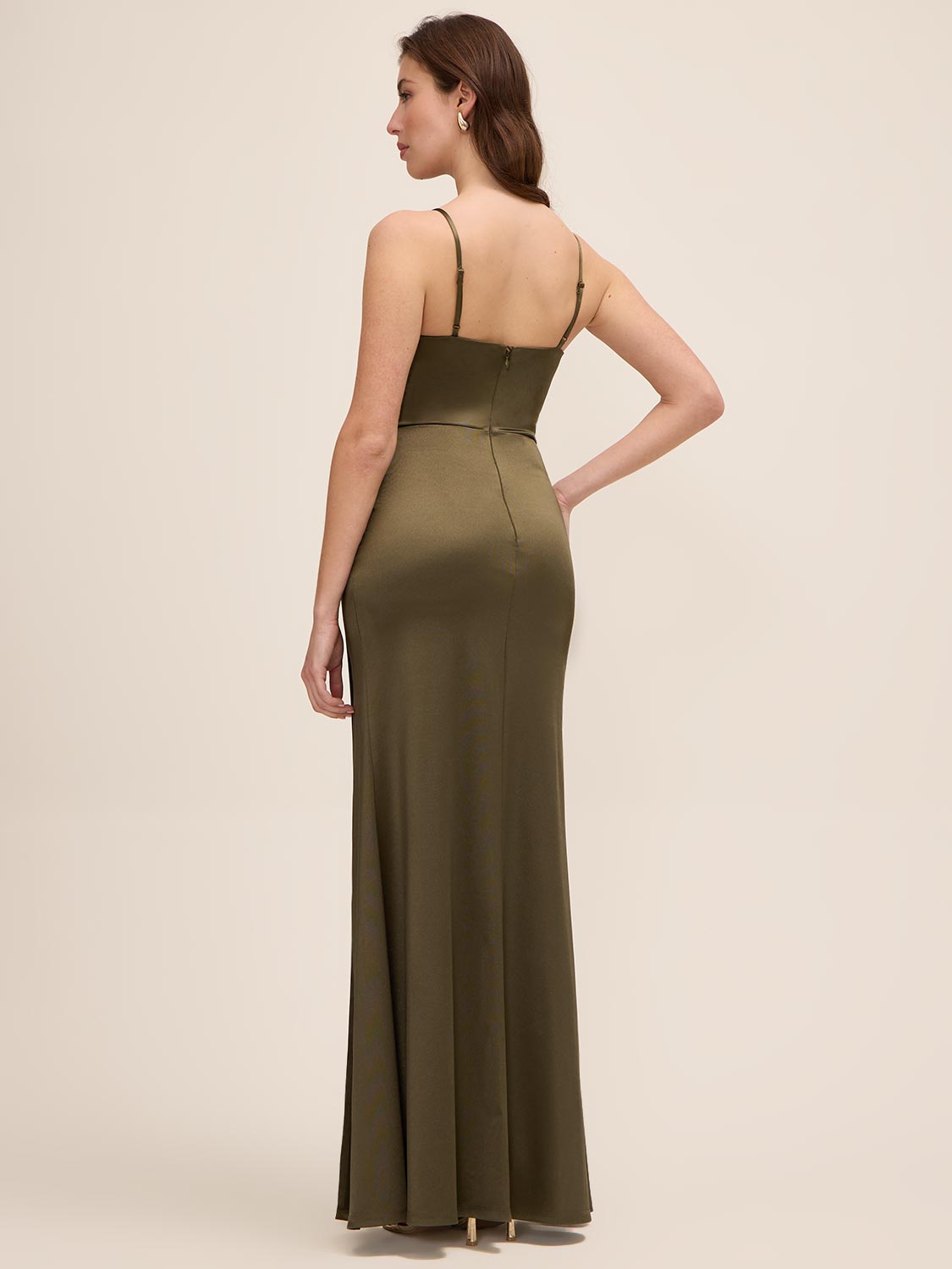 Khaki Satin V-Neck Gown with Side Pleats - Woman Wearing Evening Dress with Side Slit - Le Chateau