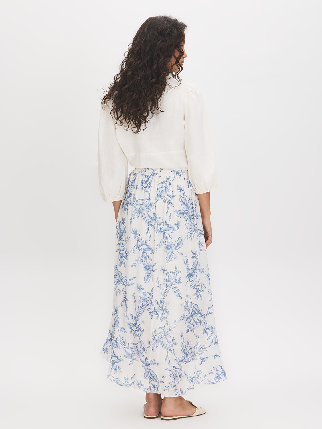 Blue Floral Hi-Low Ruffle Front Midi Skirt - Woman Wearing Textured Slub Midi Skirt - Suzy Shier