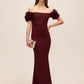 Bordeaux Off-Shoulder Knit Crepe Gown with Chiffon Rosette Sleeves - Woman Wearing Elegant Evening Dress - Le Chateau