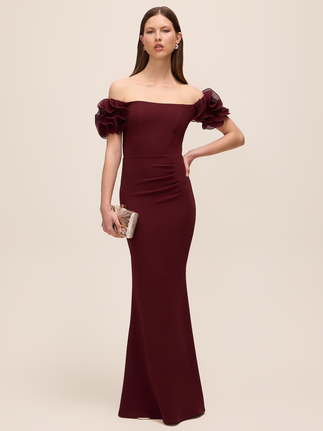 Bordeaux Off-Shoulder Knit Crepe Gown with Chiffon Rosette Sleeves - Woman Wearing Elegant Evening Dress - Le Chateau