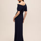 Dark Sapphire Knit Crepe Gown with Asymmetrical Neckline - Back View - Le Chateau