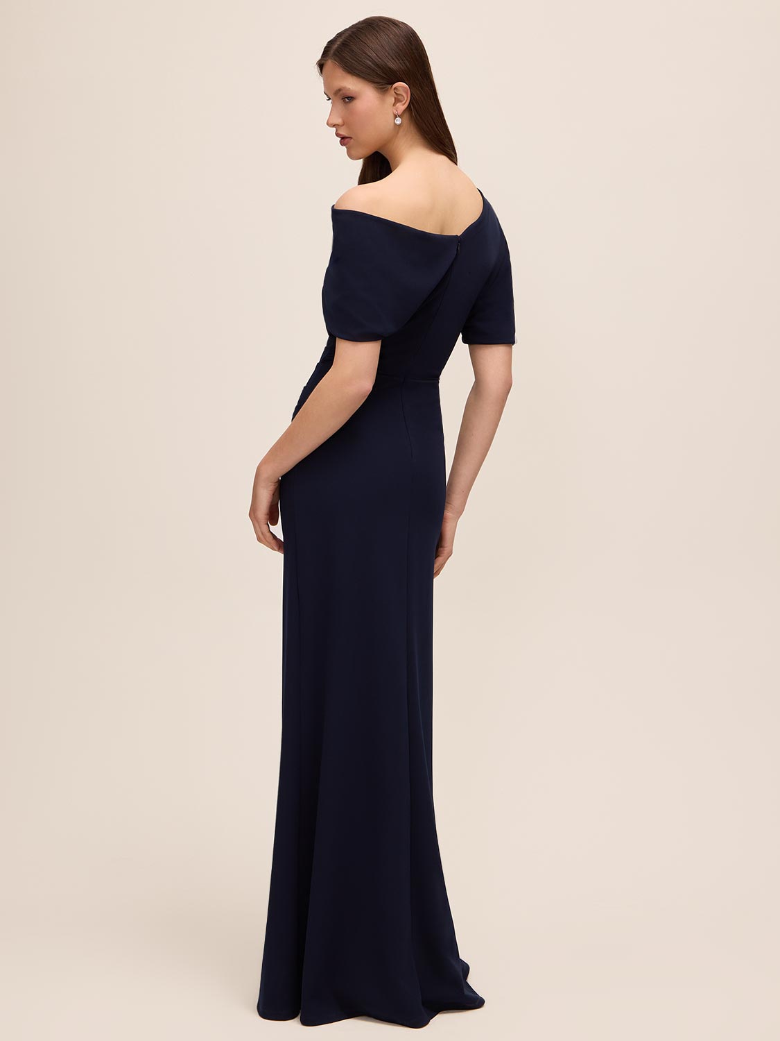 Dark Sapphire Knit Crepe Gown with Asymmetrical Neckline - Back View - Le Chateau