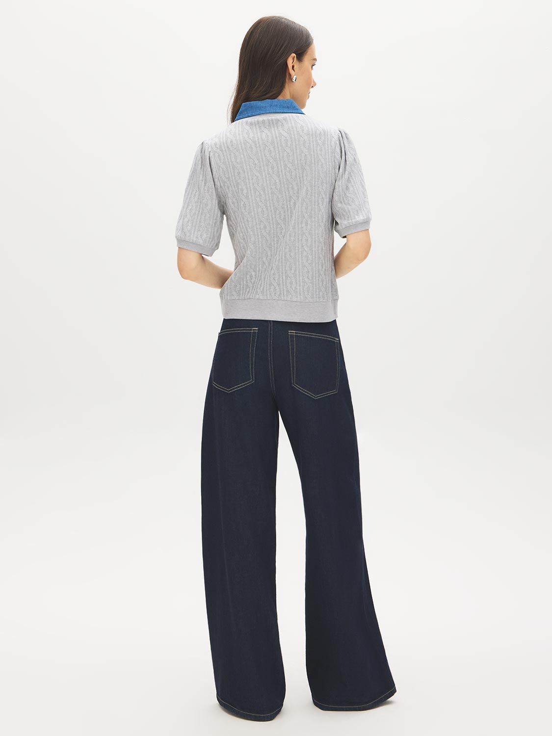 Grey Melange Puff Sleeve Jacquard Sweater - Back View - Suzy Shier