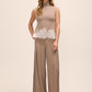 Oatmeal Lace Trim Mock Neck Sleeveless Sweater - Front View - Le Chateau