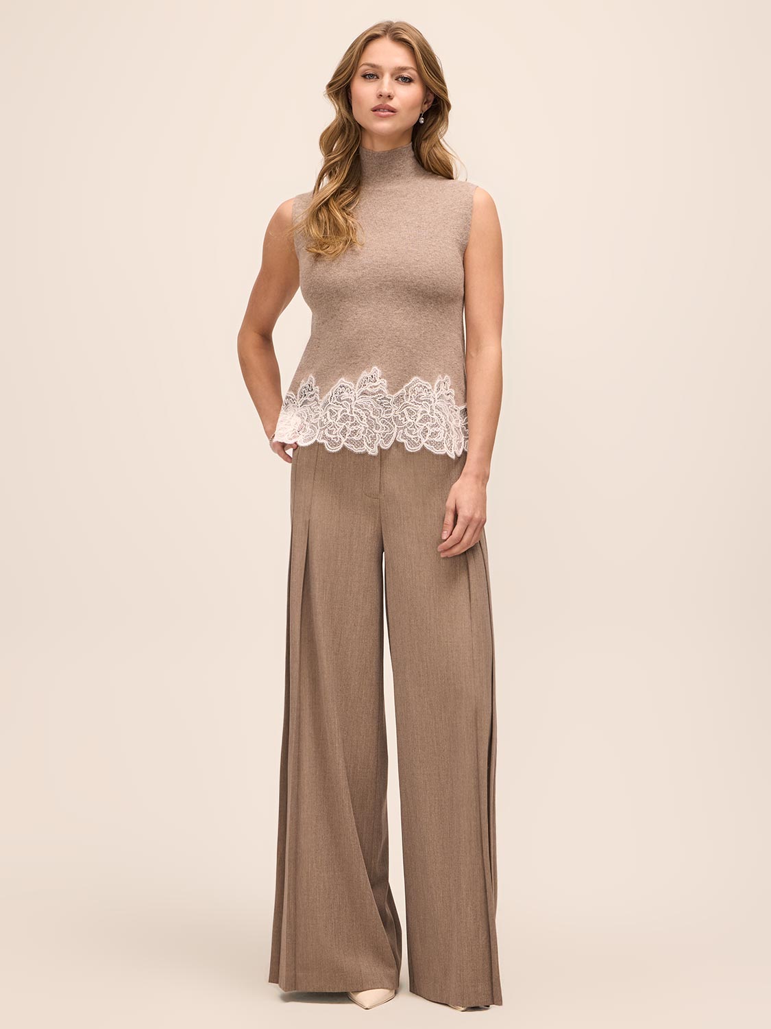 Oatmeal Lace Trim Mock Neck Sleeveless Sweater - Front View - Le Chateau