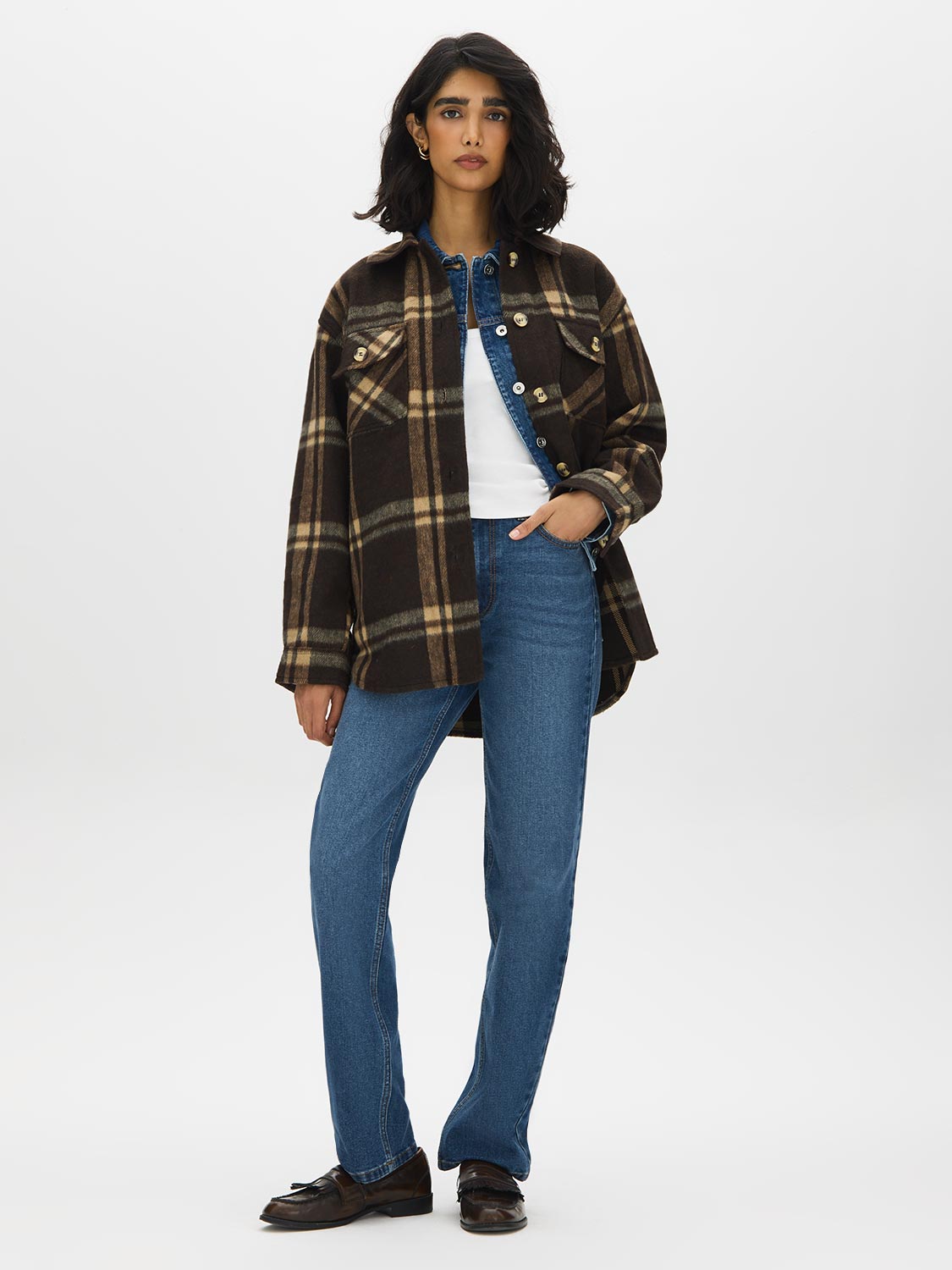 Khaki Plaid Shacket with Front Pockets - Front View - Suzy Shier