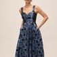Steel Blue/Black Jacquard Floral Fit & Flare Midi Dress - Side Profile View - Le Chateau