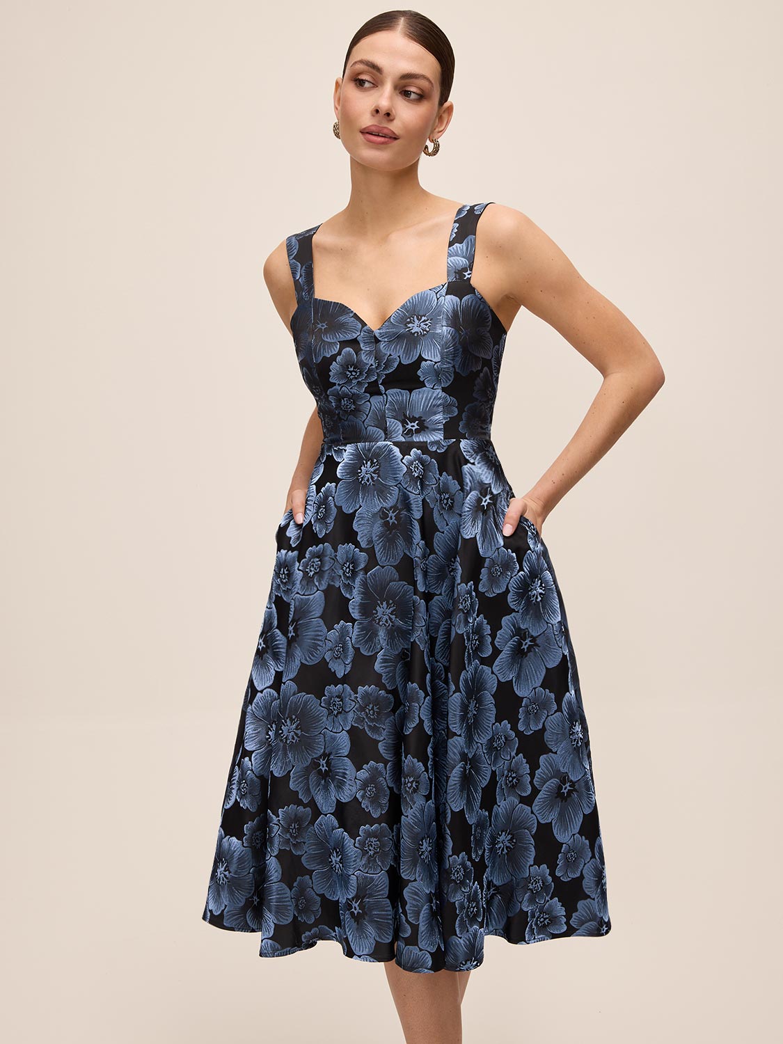 Steel Blue/Black Jacquard Floral Fit & Flare Midi Dress - Side Profile View - Le Chateau