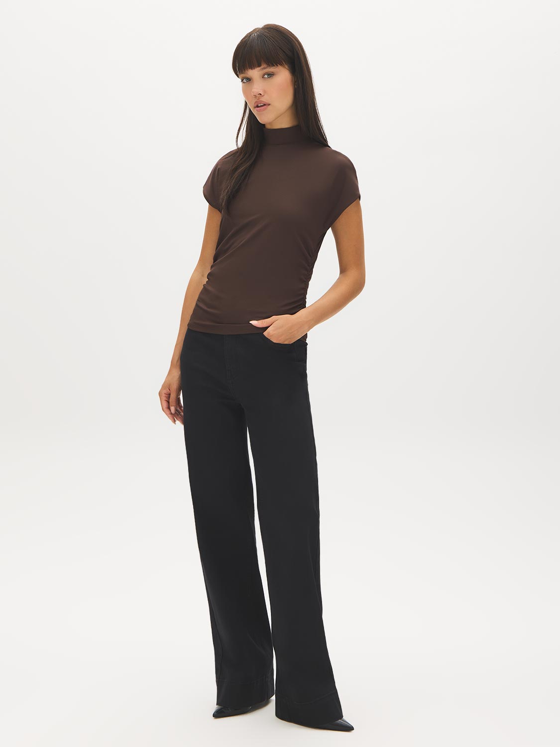 Coffee Bean Mock Neck Ribbed Top with Dolman Sleeves - Front View - Suzy Shier