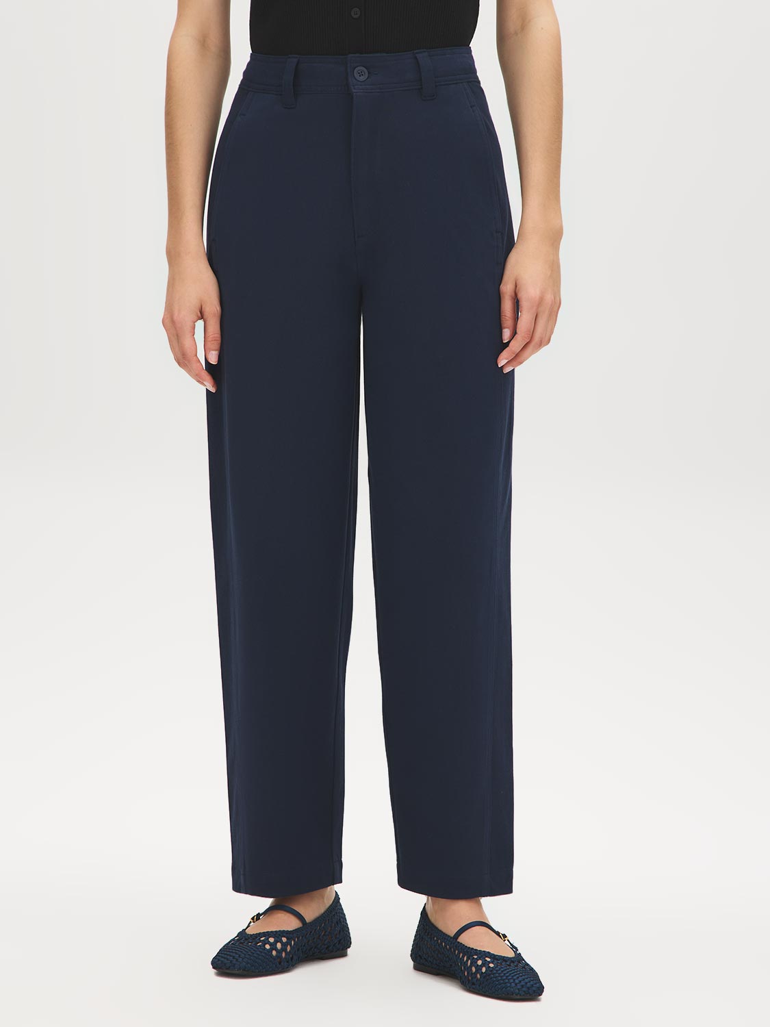 Navy High-Rise Barrel Leg Knit Pants - Front View - Suzy Shier