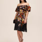 Black and Rust Floral Off-Shoulder Fit and Flare Dress - Woman Wearing Ruffled Upper Dress - Le Chateau