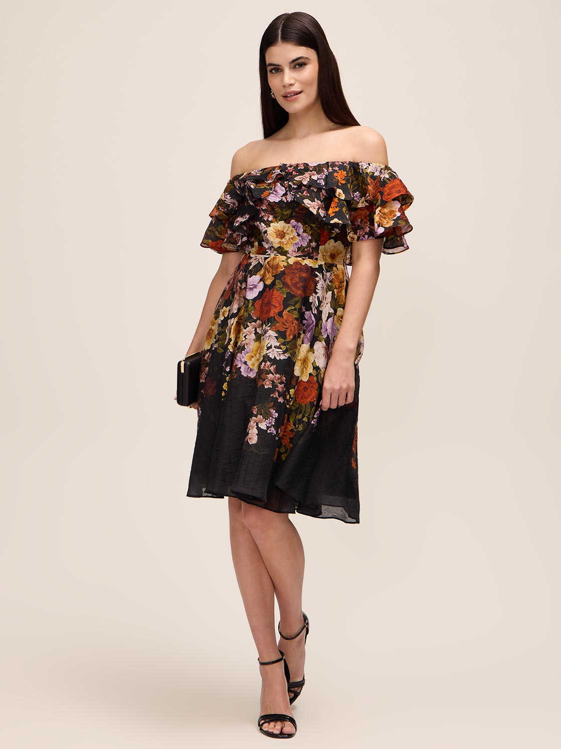 Black and Rust Floral Off-Shoulder Fit and Flare Dress - Woman Wearing Ruffled Upper Dress - Le Chateau