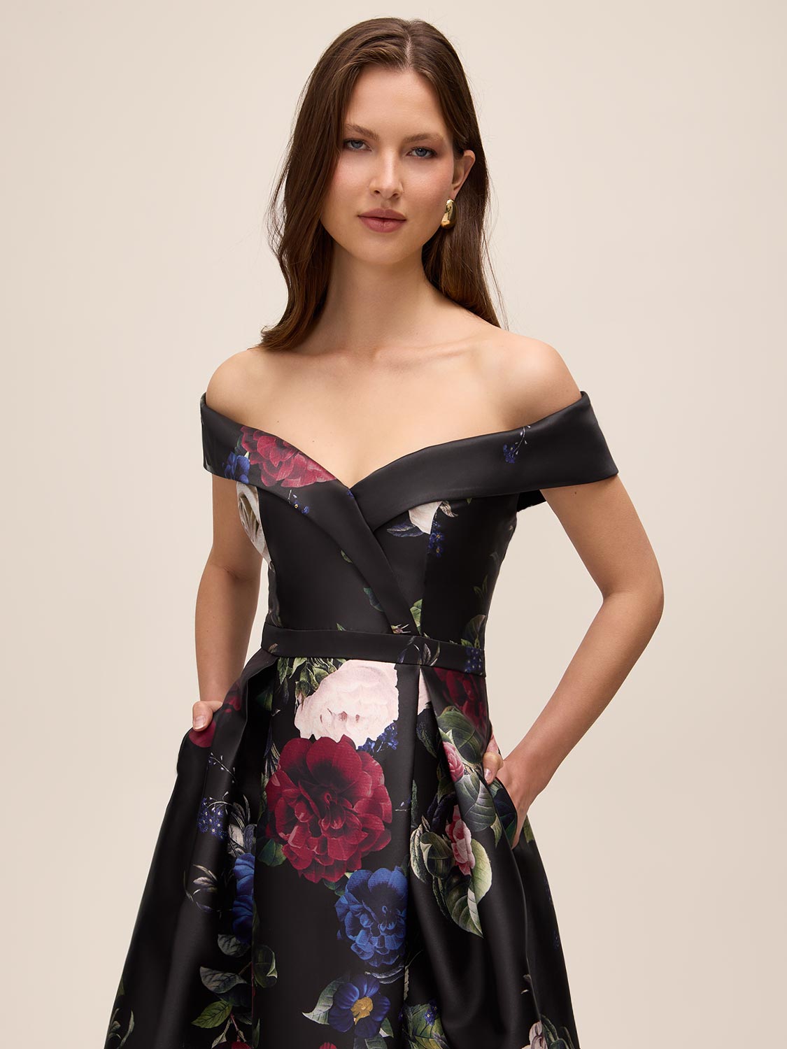 Black Bordeaux Strapless Floral Ballgown - Front View - Le Chateau
