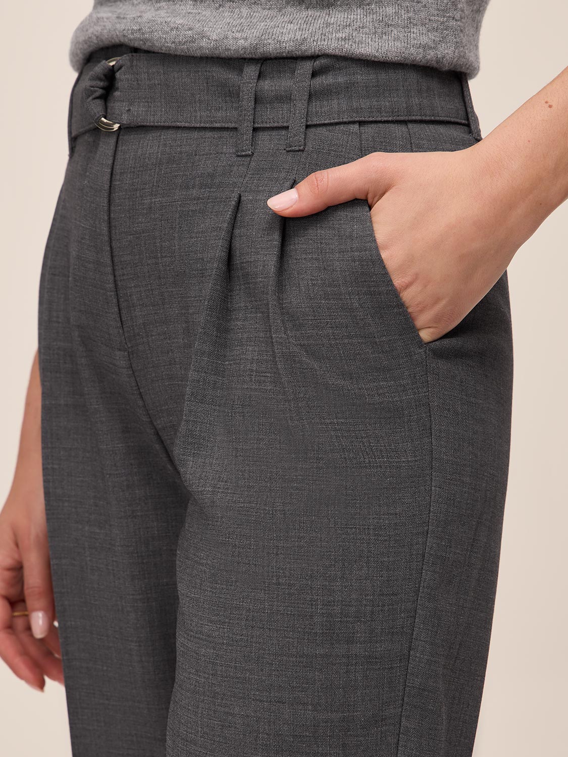Grey Mix Self-Belt Pleated Slim Pants - Close-up Pocket Detail - Le Chateau