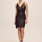 Espresso Crossover Pleated Faux Leather Dress - Woman Wearing Asymmetric Wrap Dress - Le Chateau
