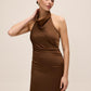 Mocha Cowl Neck Gown with Side Pleat - Front View - Le Chateau