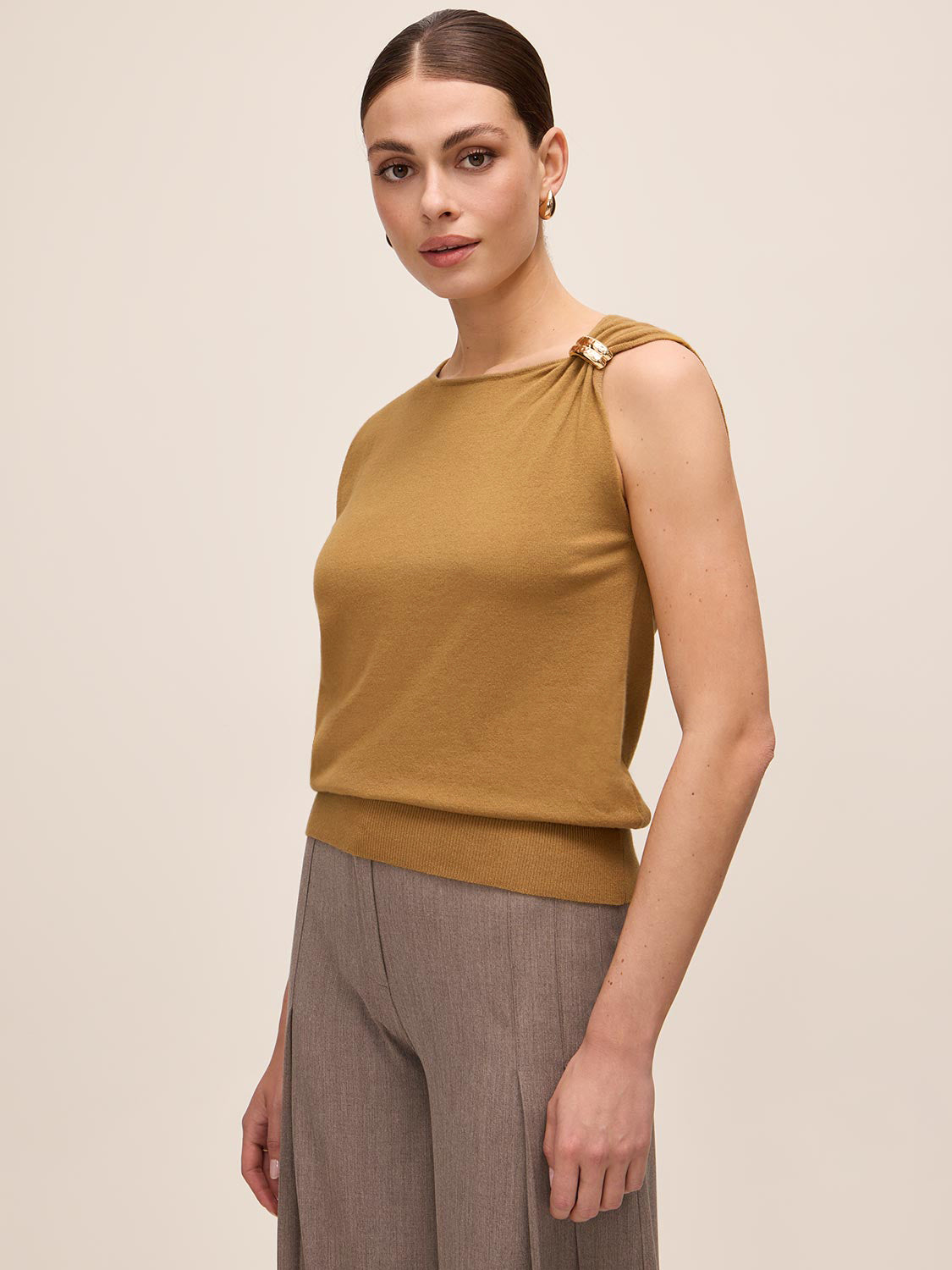 Dijon Sleeveless Sweater with Gold Trim - Side Profile View - Le Chateau