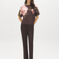 Coffee Bean Floral Satin-Front Dolman Sleeve Top - Front View - Suzy Shier