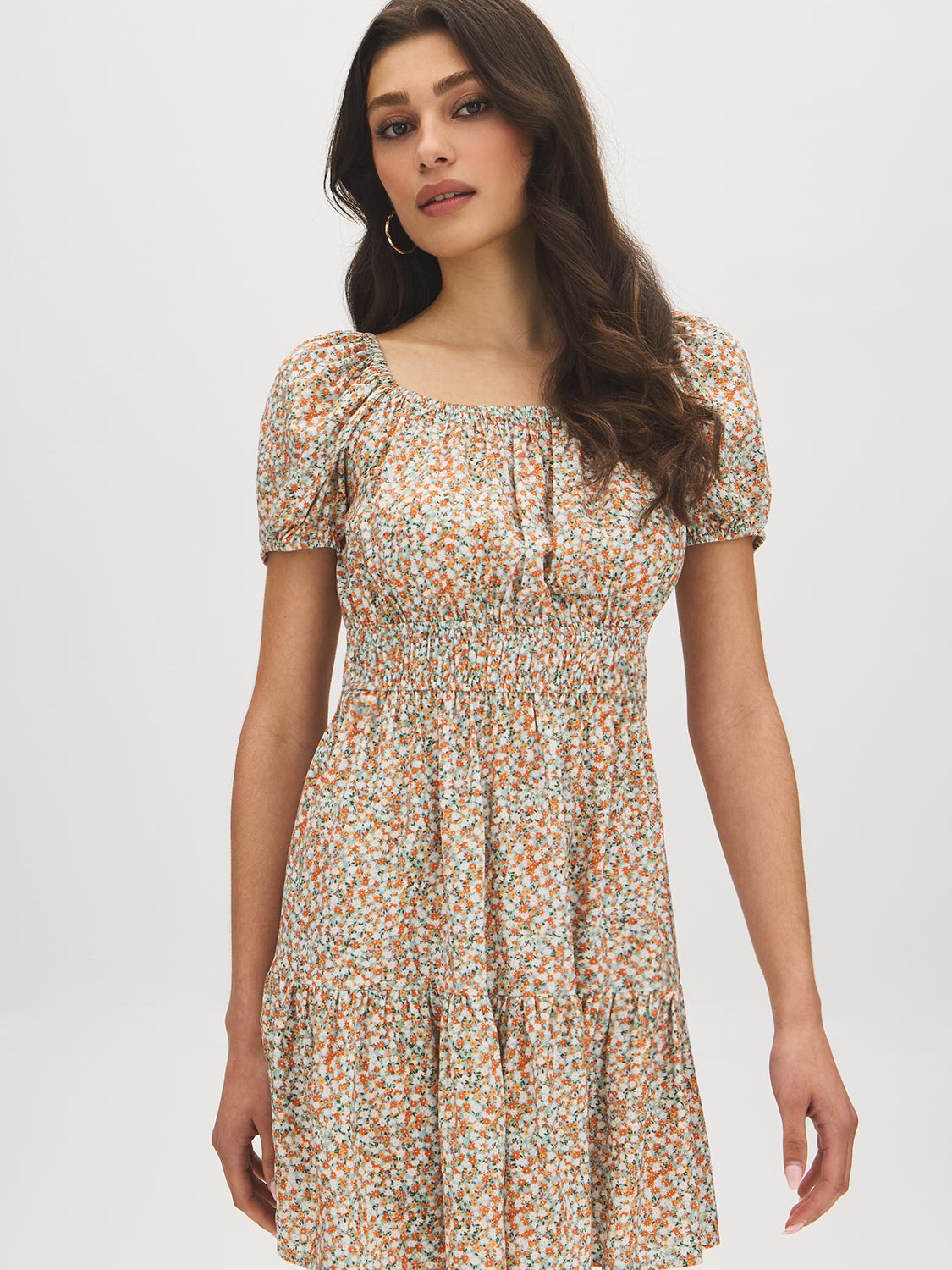 Sterling Blue Ditsy Print Off-Shoulder Mini Dress - Woman Wearing Tiered Skirt Dress - Suzy Shier