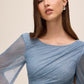 Steel Blue Boat Neck Sheath Dress with Back Cape - Close-up Fabric Detail - Le Chateau