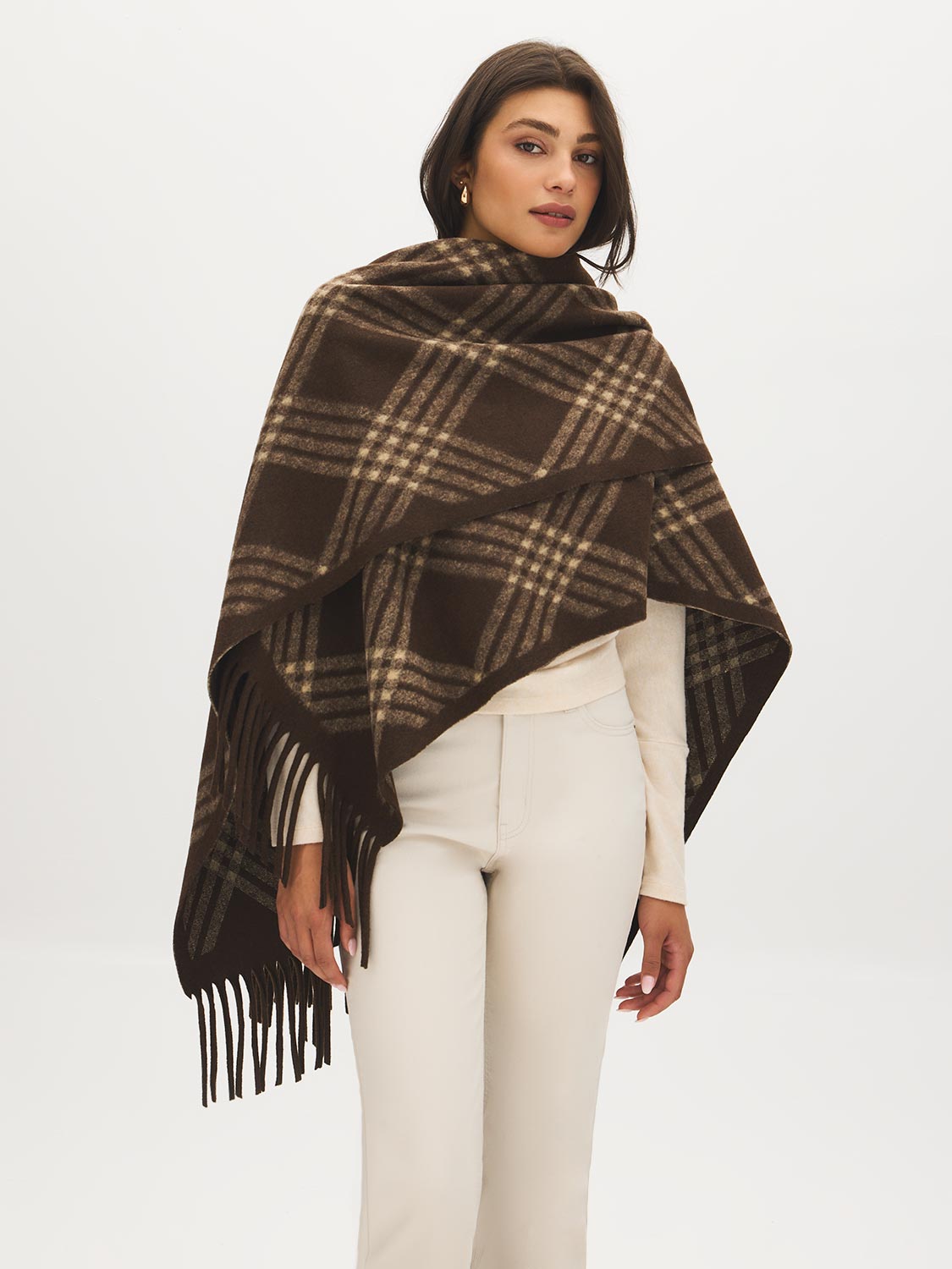 Brown Plaid Fringe Cape - Front View - Suzy Shier