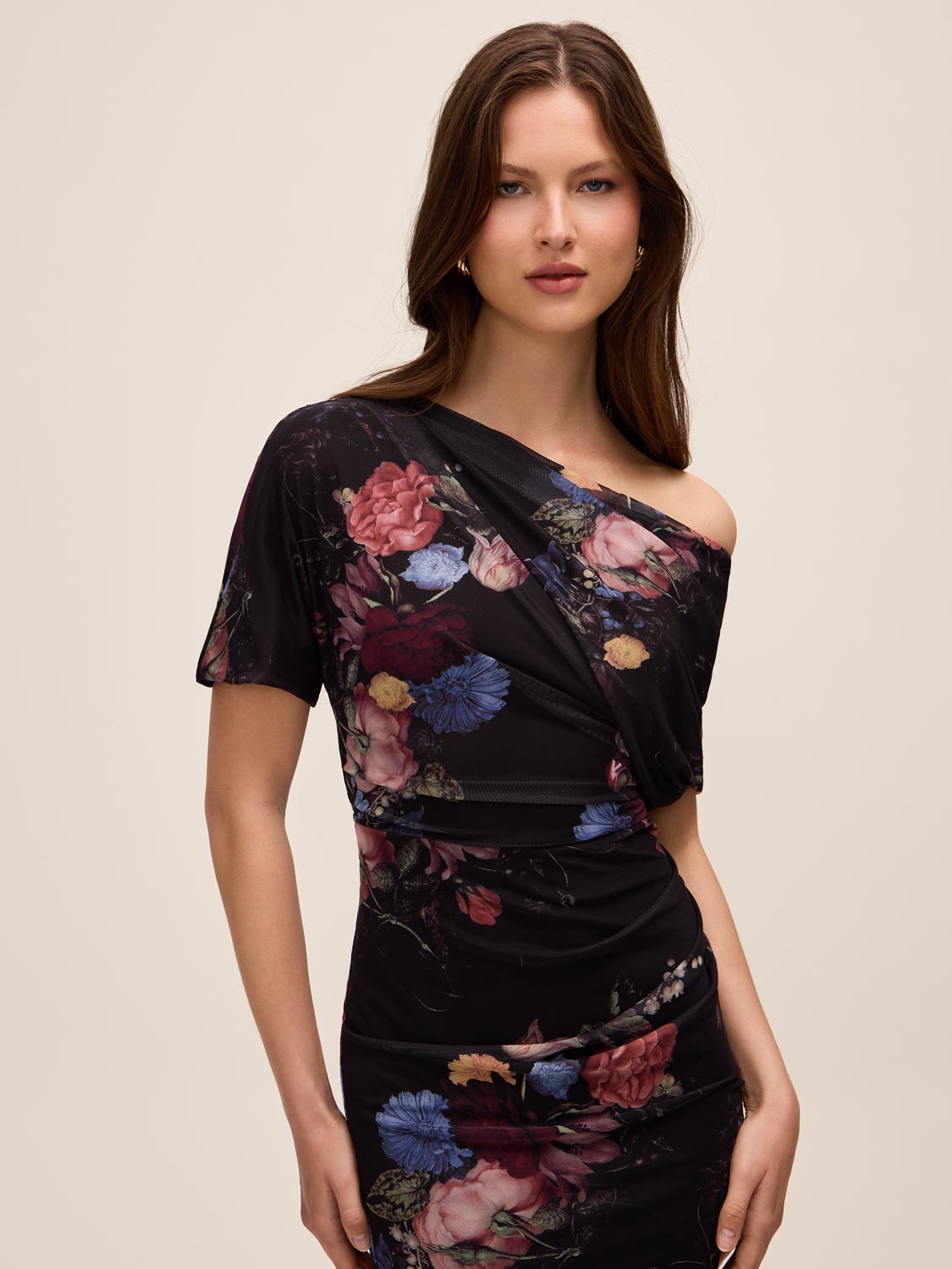 Black Floral Asymmetrical Neckline Sheath Dress - Front View - Le Chateau