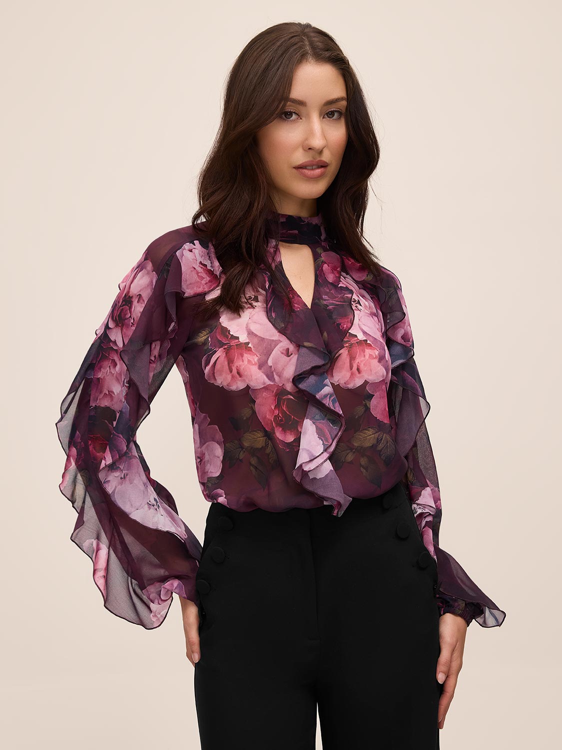 Eggplant Floral Keyhole Ruffle Blouse - Front View - Le Chateau