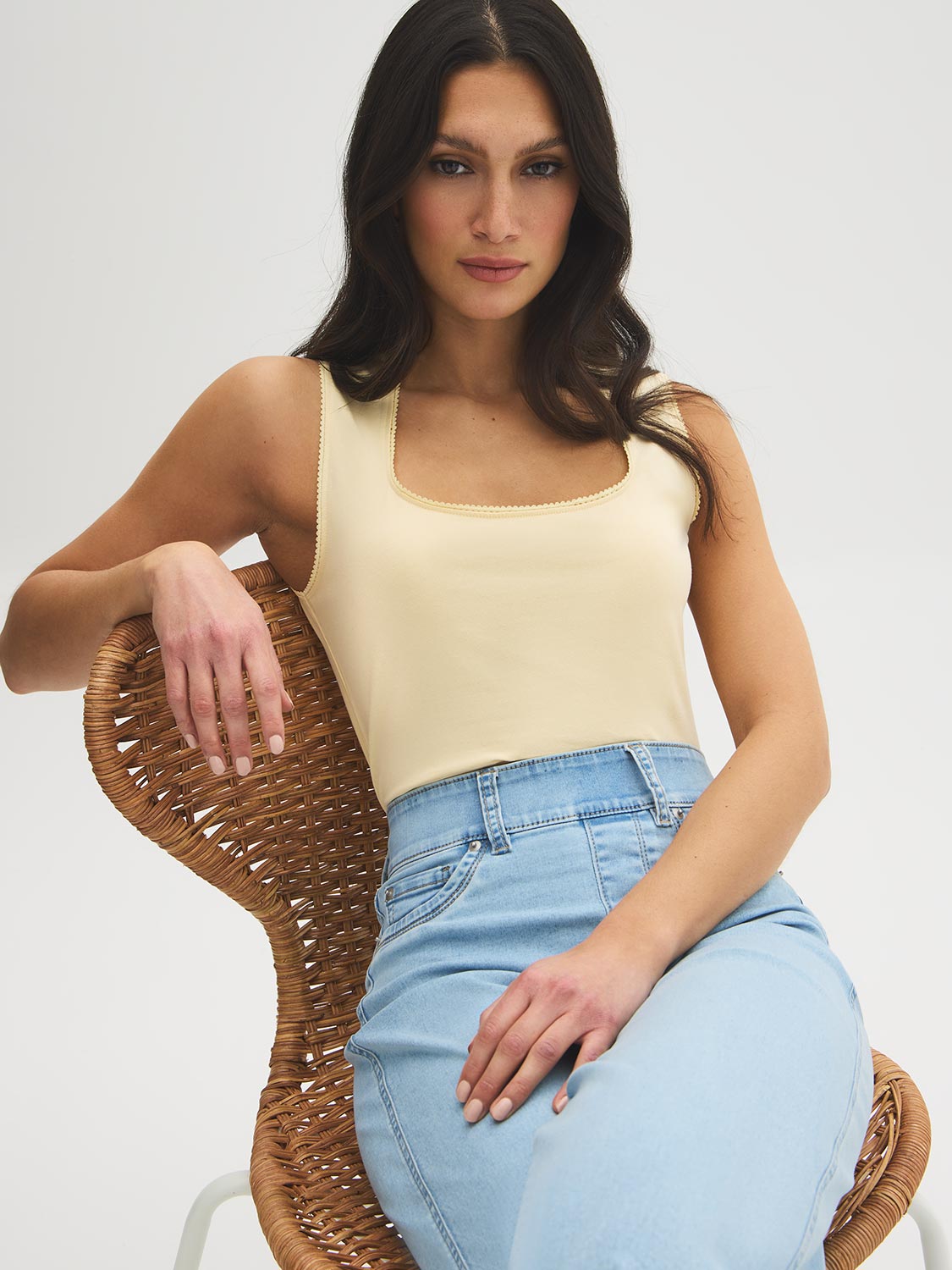 White Picot-Trimmed Square Neck Tank Top - Woman Wearing Jersey Tank - Suzy Shier