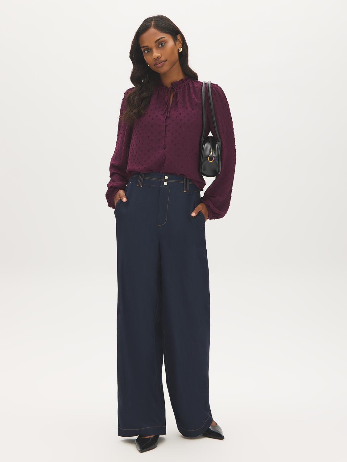 Winetasting Swiss Dot Peplum Blouse with Ruffle Neck - Front View - Suzy Shier